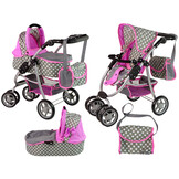 Poppenwagen - 2 in 1 - met tas en reiswieg - met roze sterren