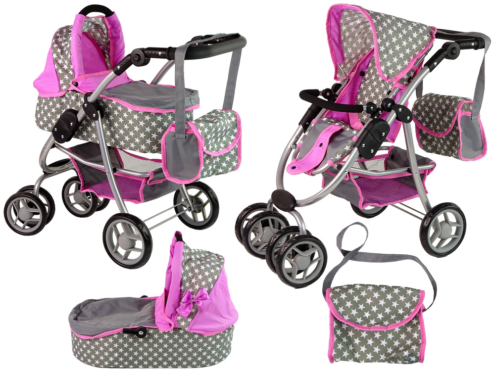 Poppenwagen - 2 in 1 - met tas en reiswieg - met roze sterren