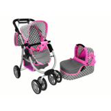 Poppenwagen - 2 in 1 - met tas en reiswieg - met roze sterren