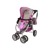 Poppenwagen - 2 in 1 - met tas en reiswieg - met roze sterren