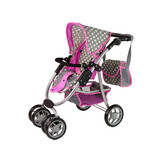 Poppenwagen - 2 in 1 - met tas en reiswieg - met roze sterren