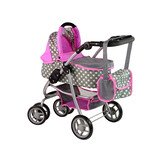 Poppenwagen - 2 in 1 - met tas en reiswieg - met roze sterren