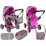 Poppenwagen - 2 in 1 - met tas - grijs met roze sterren