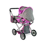 Poppenwagen - 2 in 1 - met tas - grijs met roze sterren
