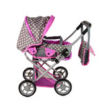 Poppenwagen - 2 in 1 - met tas - grijs met roze sterren