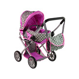 Poppenwagen - 2 in 1 - met tas - grijs met roze sterren
