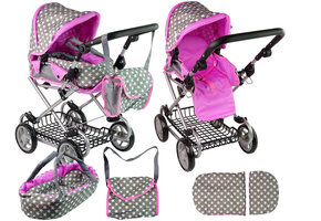 Poppenwagen - 2in1 - met tas en draagzak - grijs, roze sterren