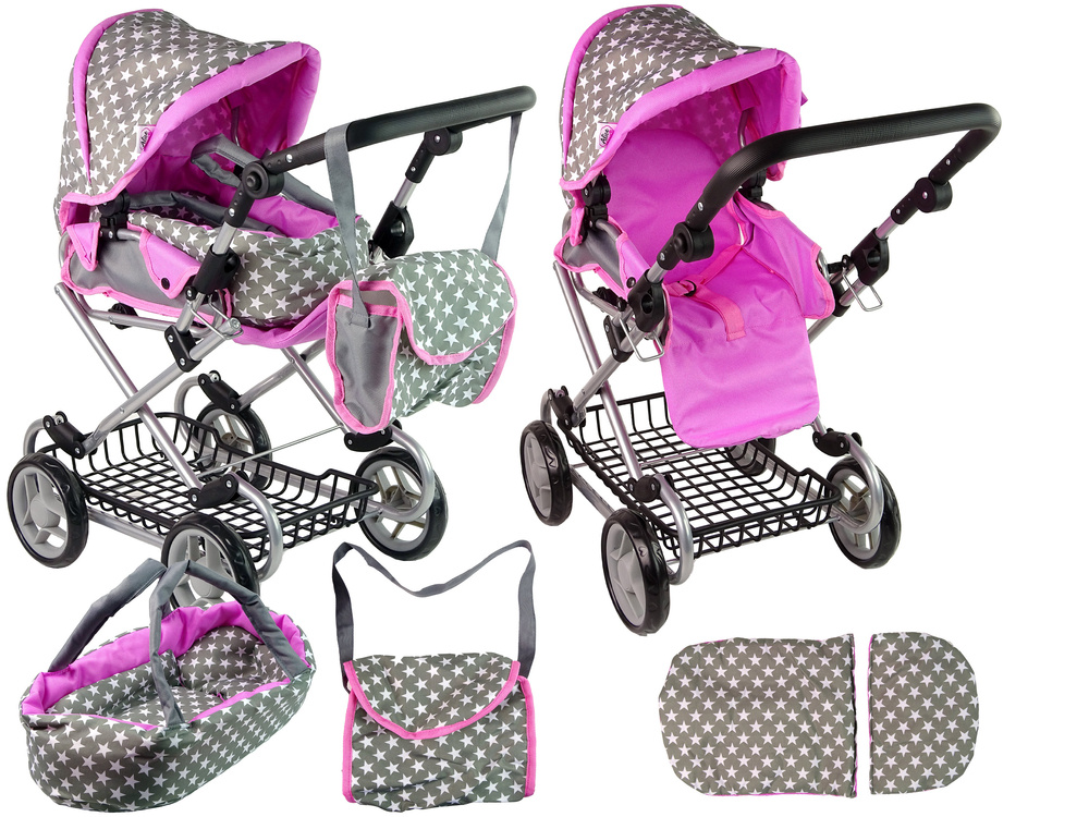 Poppenwagen - 2in1 - met tas en draagzak - grijs, roze sterren
