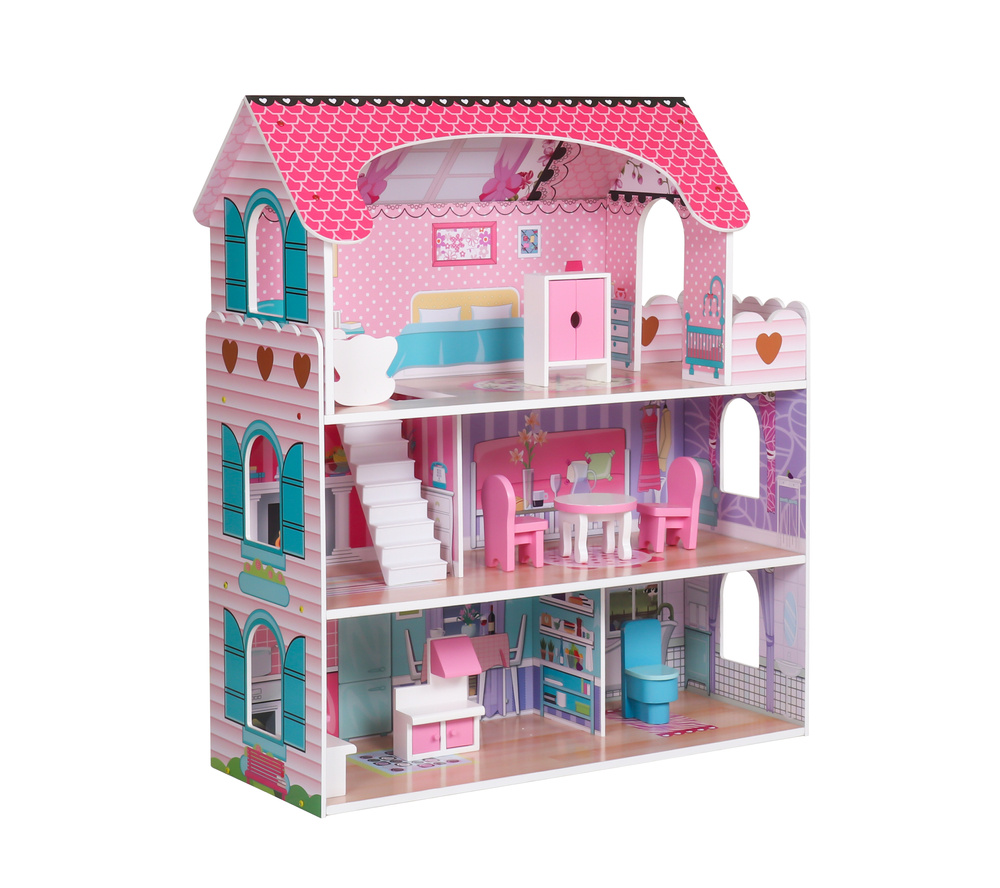 Houten poppenhuis Bianca - 70x62x27cm - met meubels - roze