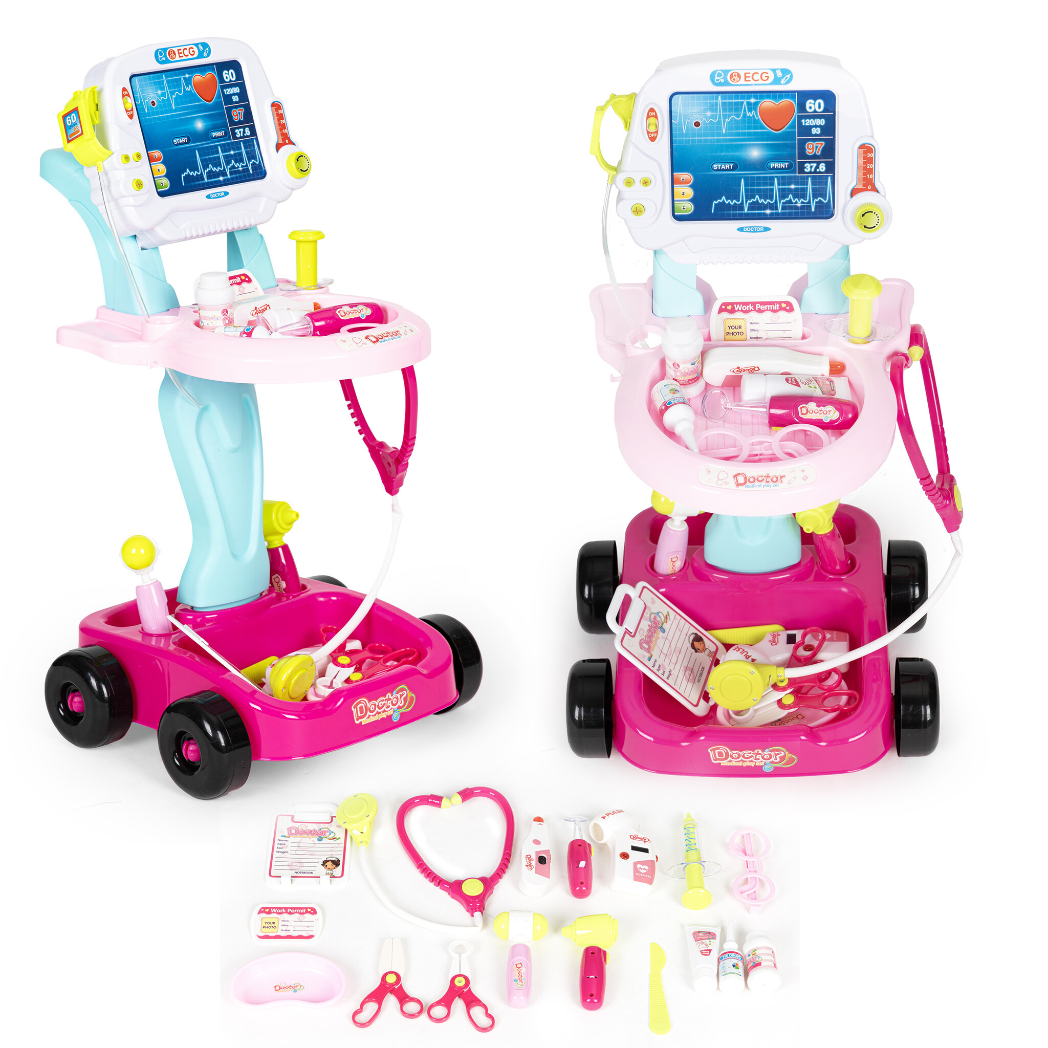 Dokter speelgoed - trolley - 33,5x38x59cm - 17 delig - roze