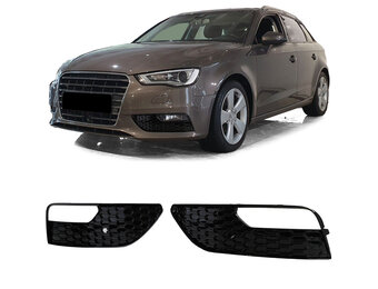 Grille - mistlamp rooster - voor Audi A3 3-deurs 8V, sportback 2012-04/2016 - 2-delig - zwart glans