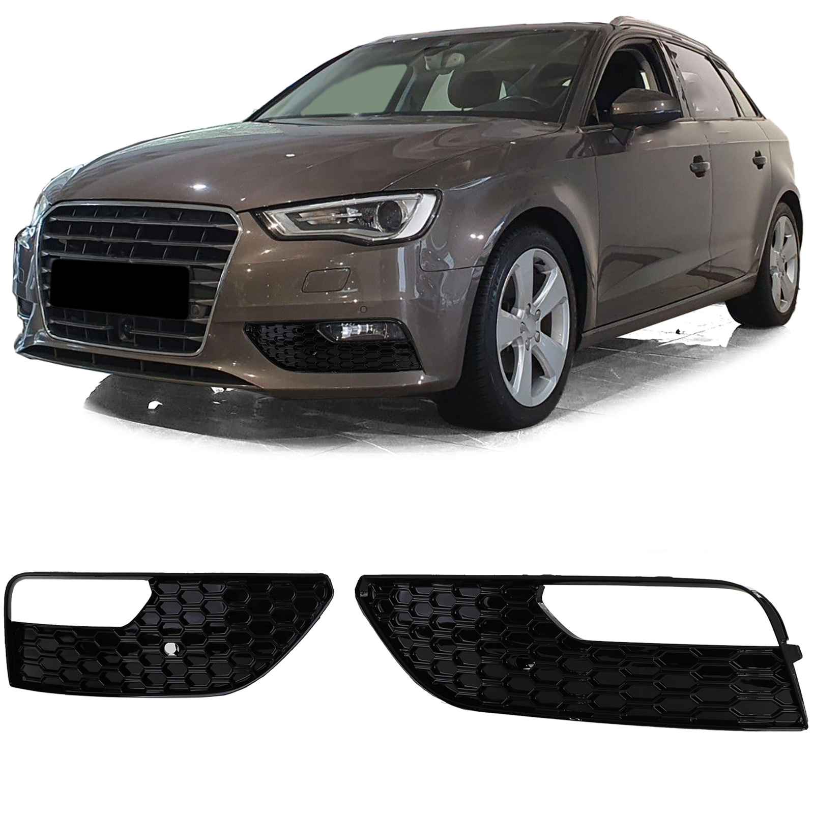 Grille - mistlamp rooster - voor Audi A3 3-deurs 8V, sportback 2012-04/2016 - 2-delig - zwart glans