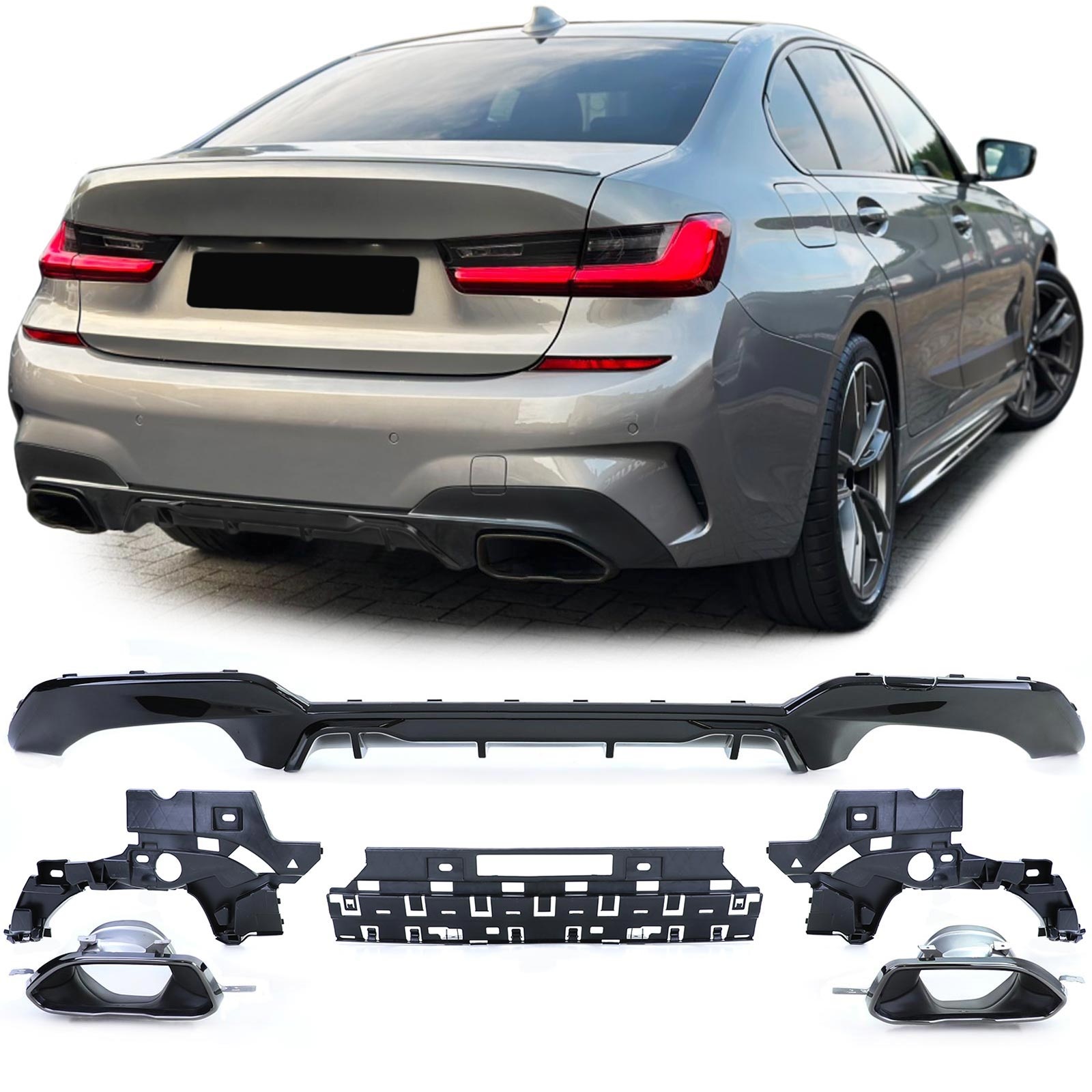 Diffusor achterbumper - BMW 3-serie G20 G21 320i, 330i, 320e, 330e, 320d, 330d sedan/touring 11/2018-06/2022 - glanzend zwart