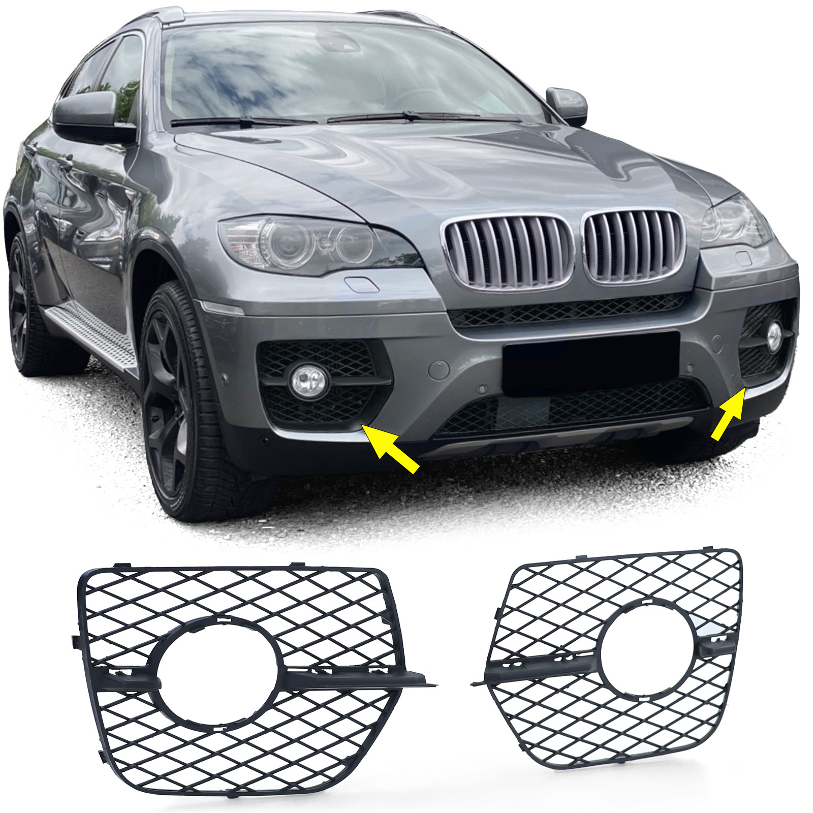 Grille - mistlamp rooster - geschikt voor BMW X6 E71 05/2006-06/2014 - 2-delig - mat zwart