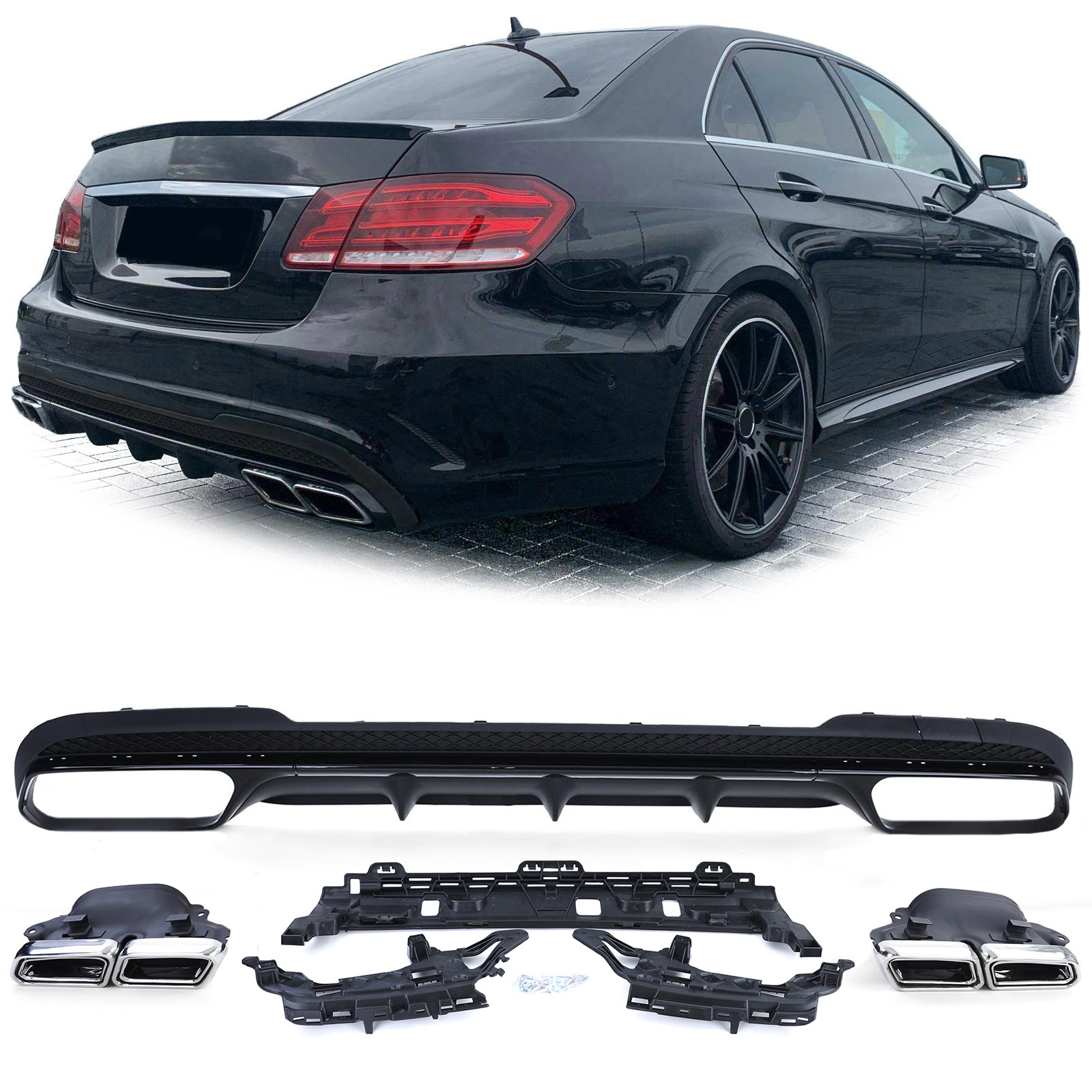 Achterbumper diffusor geschikt voor Mercedes E-Klasse W212 sedan, facelift 2013-2016 - 4-delig - glanzend zwart