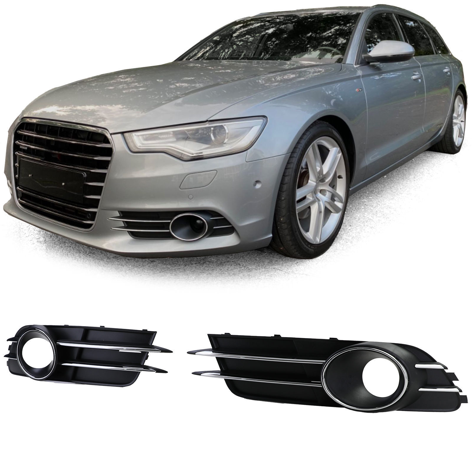 Grille - mistlamp rooster - voor Audi A6 C7/4G, sedan/avant 11/2010-10/2014 - 2-delig - zonder S-Line - zwart chroom