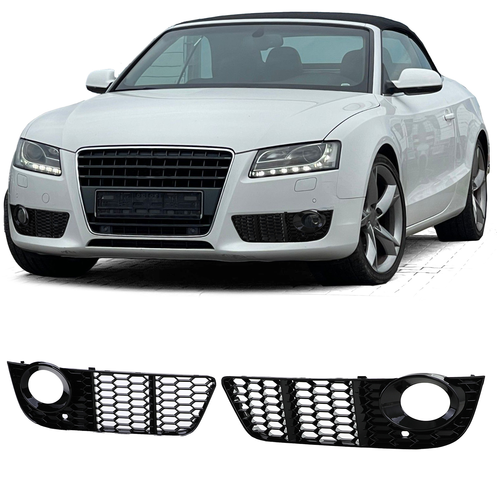 Grille - mistlamp rooster - voor Audi A5 8T, cabrio/sportback 2007-07/2011 - 2-delig - zwart glans