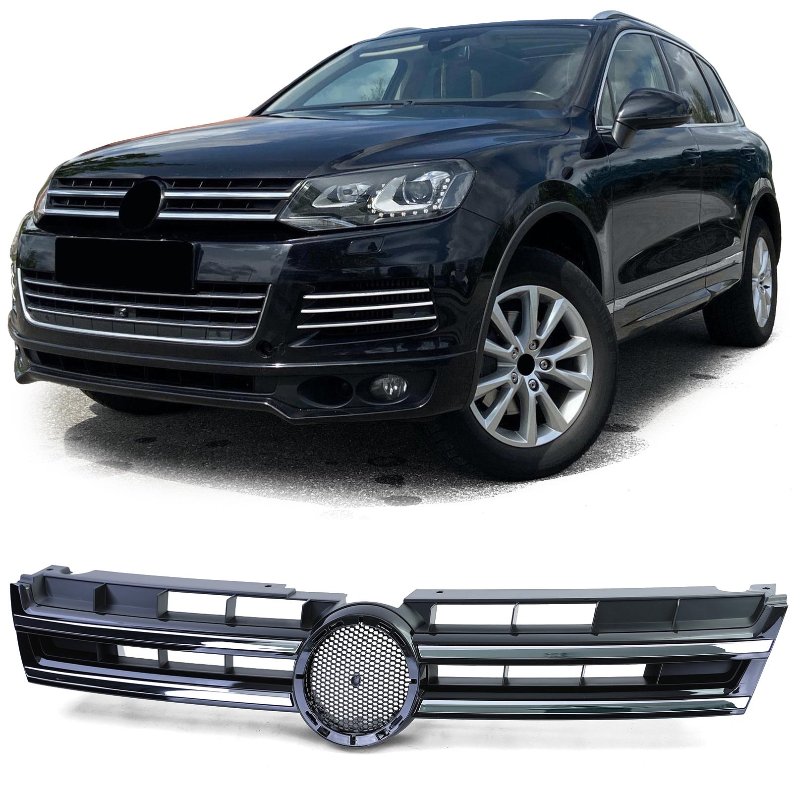 Grille - voorgrille - voor VW Touareg 2 7P 01/2010-9/2014 - zwart glans/chroom