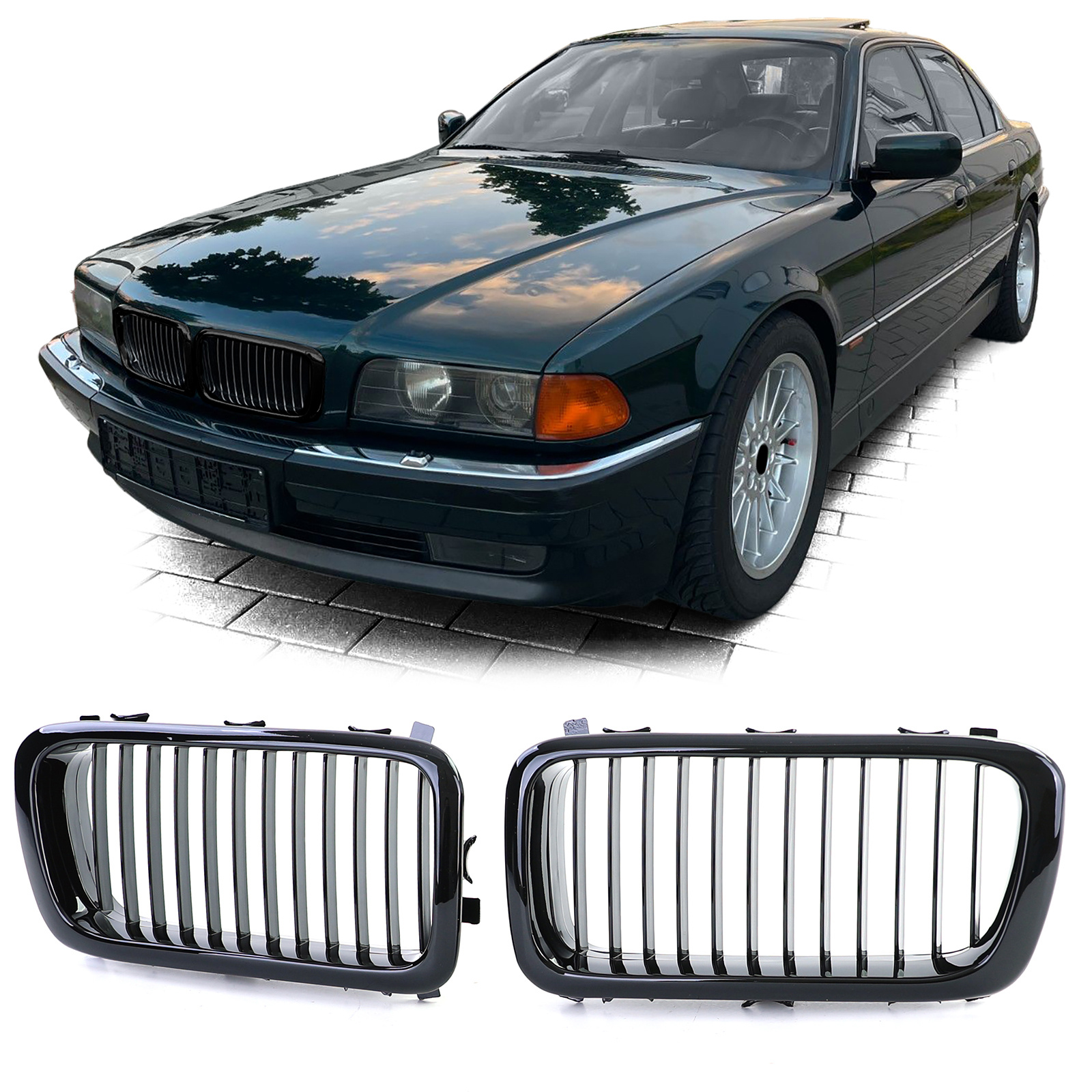 Grille - nieren - BMW 7-serie E38 1994-2001 - 2-delig - zwart glans