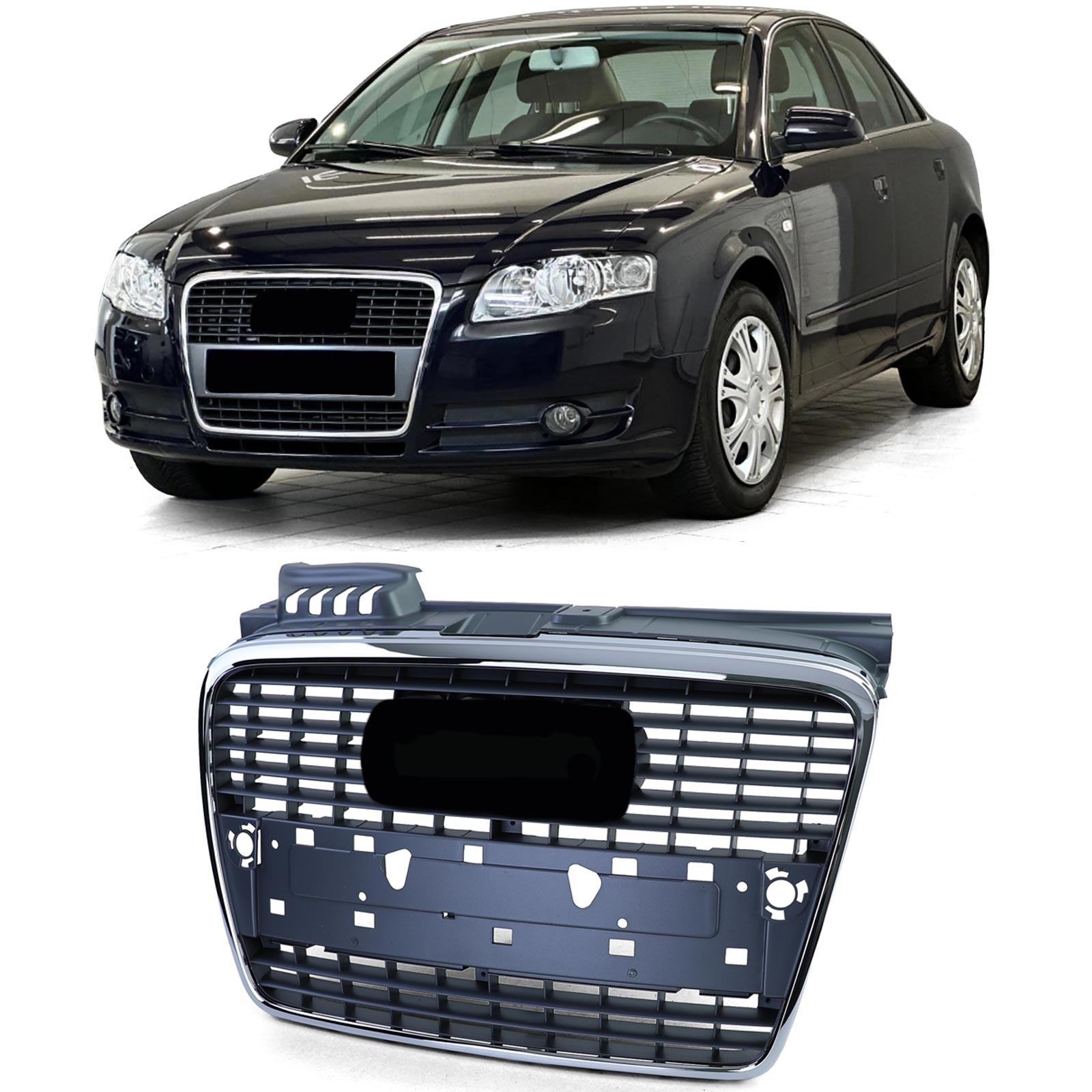 Grille - voorgrille - voor Audi A4 B7/8E, sedan/kombi/cabrio 2004-2008 - met PDC - chroom