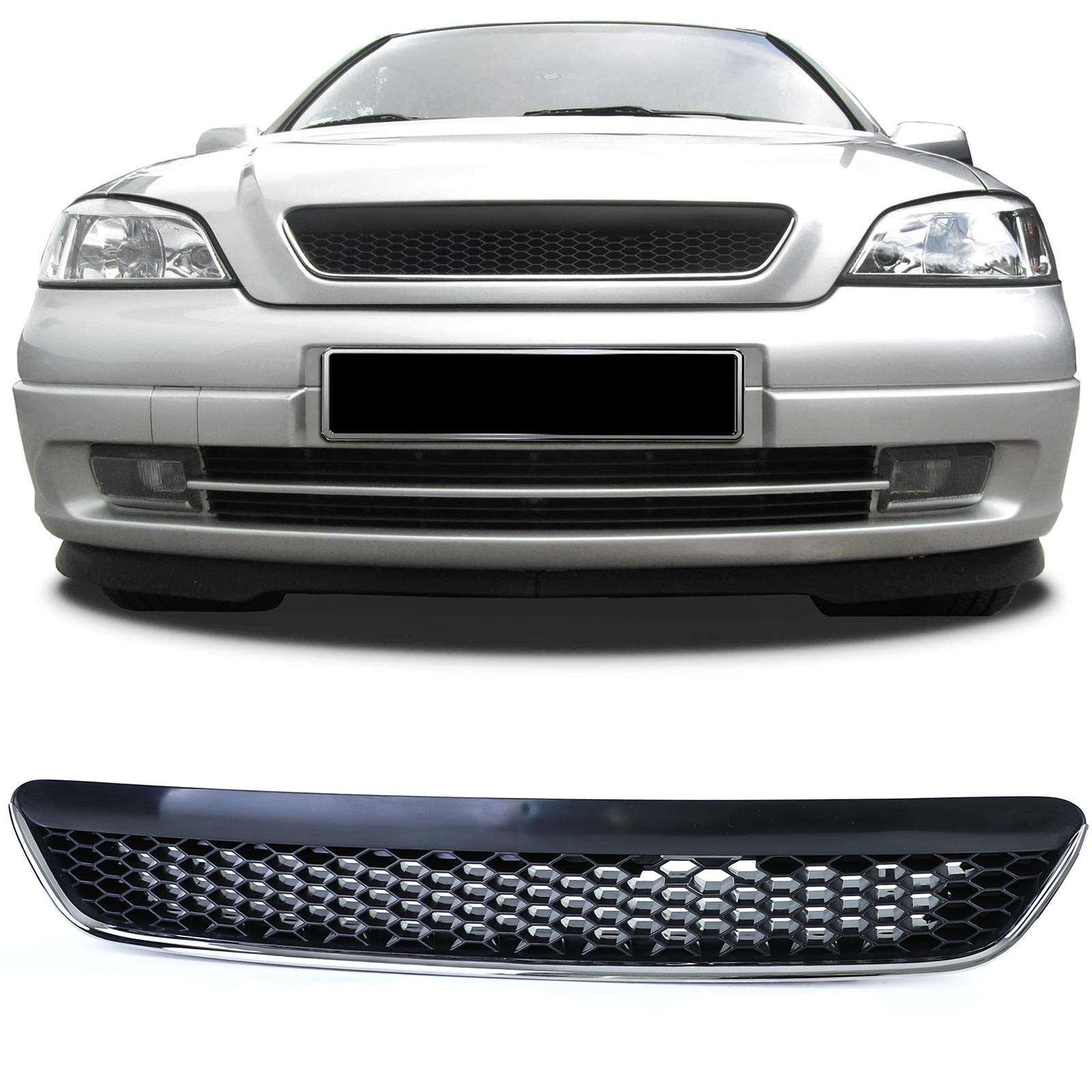 Grille - voorgrille - Opel Astra G, sedan/coupé/caravan/cabrio 1997-2004 - zwart glans chroom