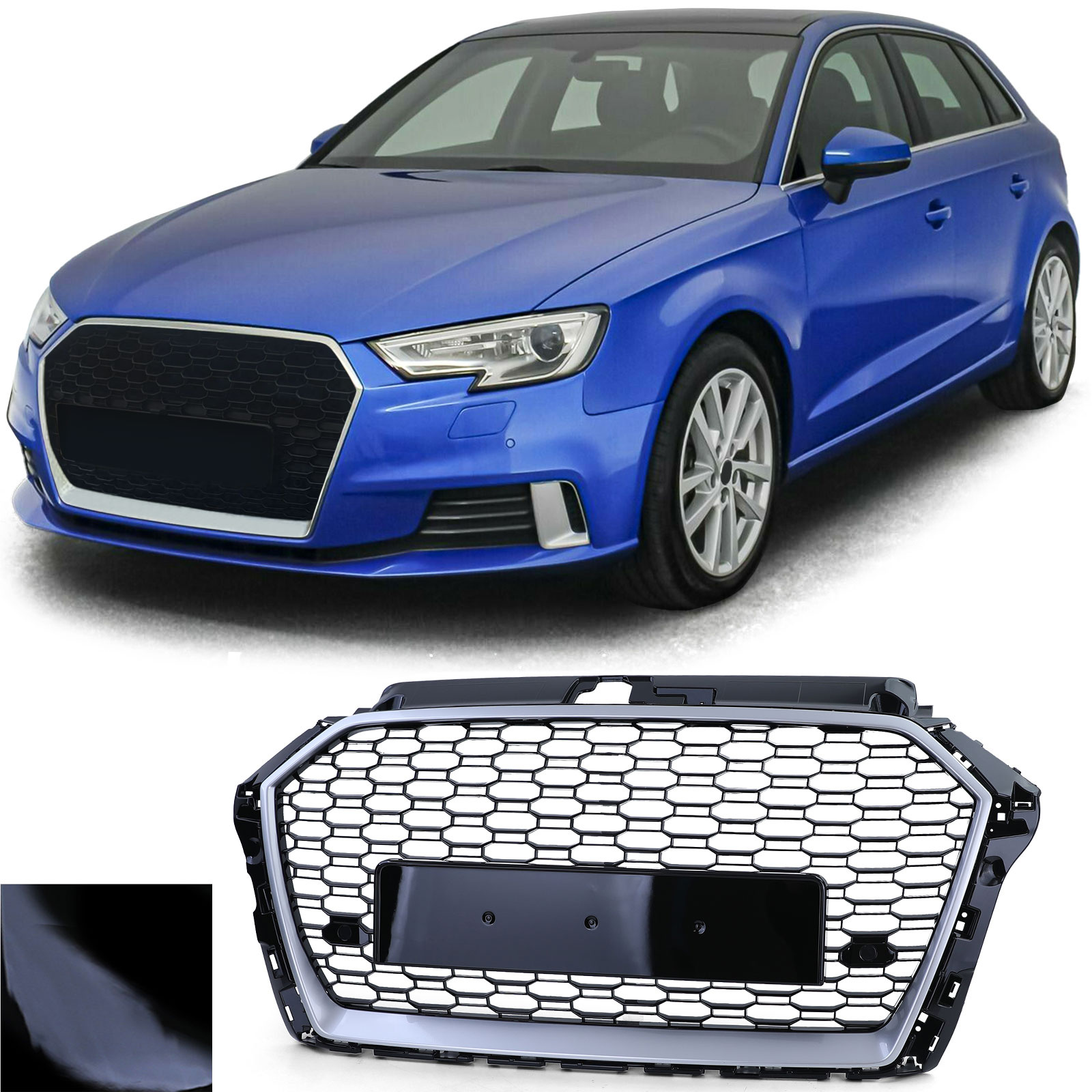 Grille - voorgrille - geschikt voor Audi A3 8VA/8V1/8VS, sedan/cabrio/sportback facelift 6/2016-2020 - zwart glans/zilver