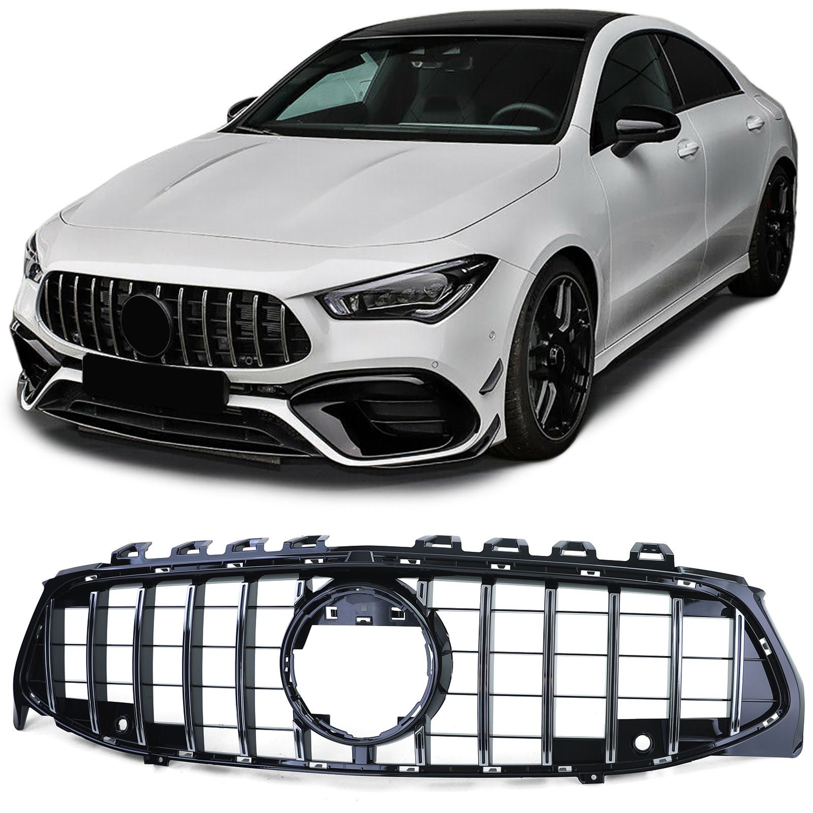 Grille - voorgrille - Mercedes CLA C118 sedan, X118 vanaf 2019 - zwart glans/chroom