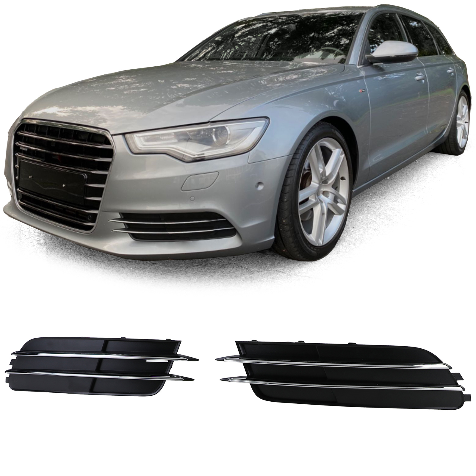 Grille - voor Audi A6 C7/4G, sedan/avant 11/2010-10/2014 - 2-delig - zonder S-line - zwart/chroom