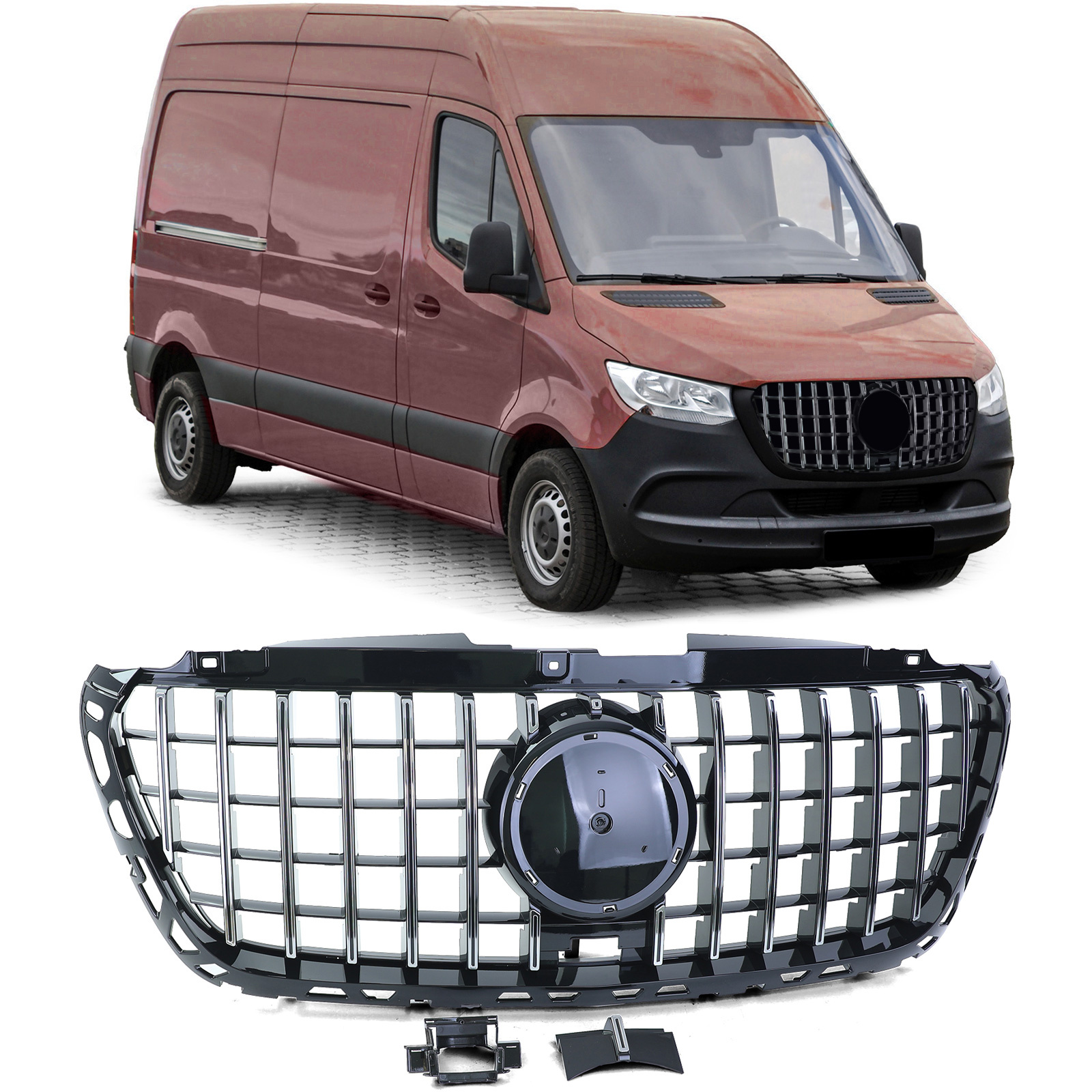 Grille - voorgrille - Mercedes Sprinter W907/910 vanaf 2/2018 - zwart glans chroom
