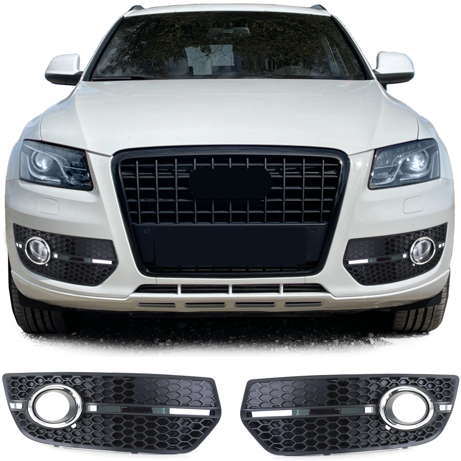 Grille - mistlamp rooster - voor Audi Q5 8R 2009-7/2012 - 2-delig - zwart