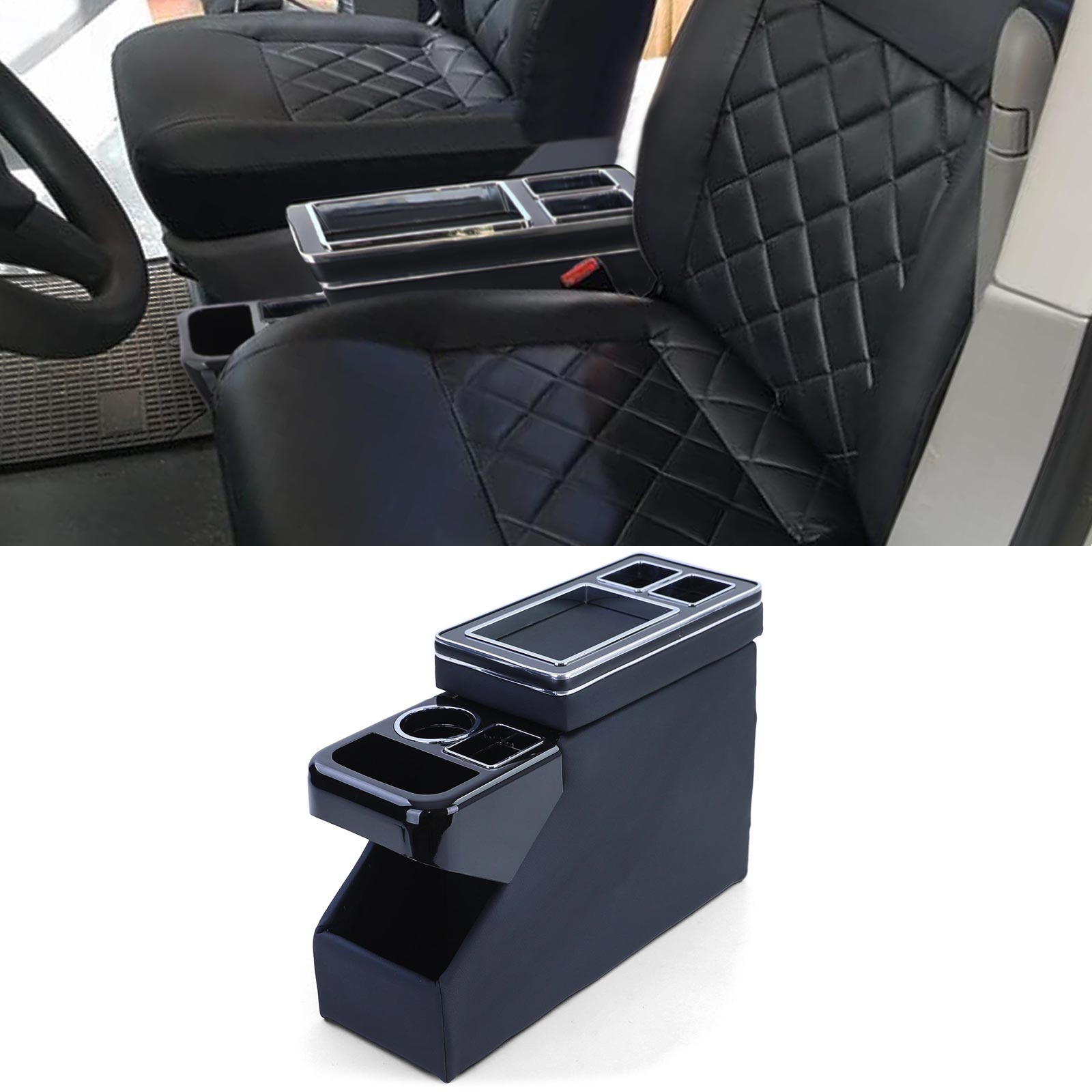 Middenconsole - voor VW Bus T5 7E/7F/7J/7H vanaf 04/2003, T6 SH/SG vanaf 04/2015 transporter/multivan - 51x18x35cm - kunstleer - zwart
