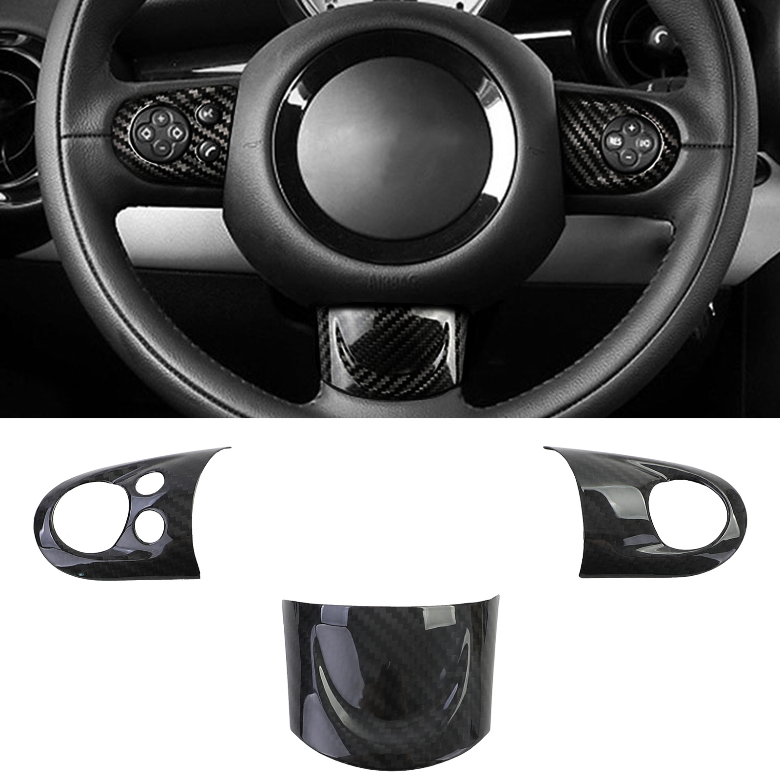 Stuurwiel afdekking - voor Mini One/Cooper/Cooper S R55/R56/R57/R58/R59 2006-2016 - 3-delig - carbon-look - zwart
