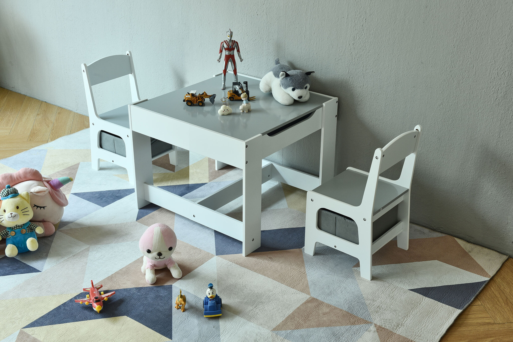 Kindertafel en stoeltjes - 61,5x61,5x48,2cm - MDF - wit grijs