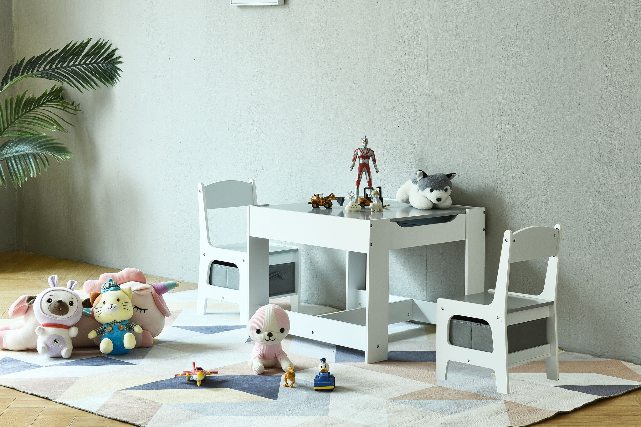 Kindertafel en stoeltjes - 61,5x61,5x48,2cm - MDF - wit grijs