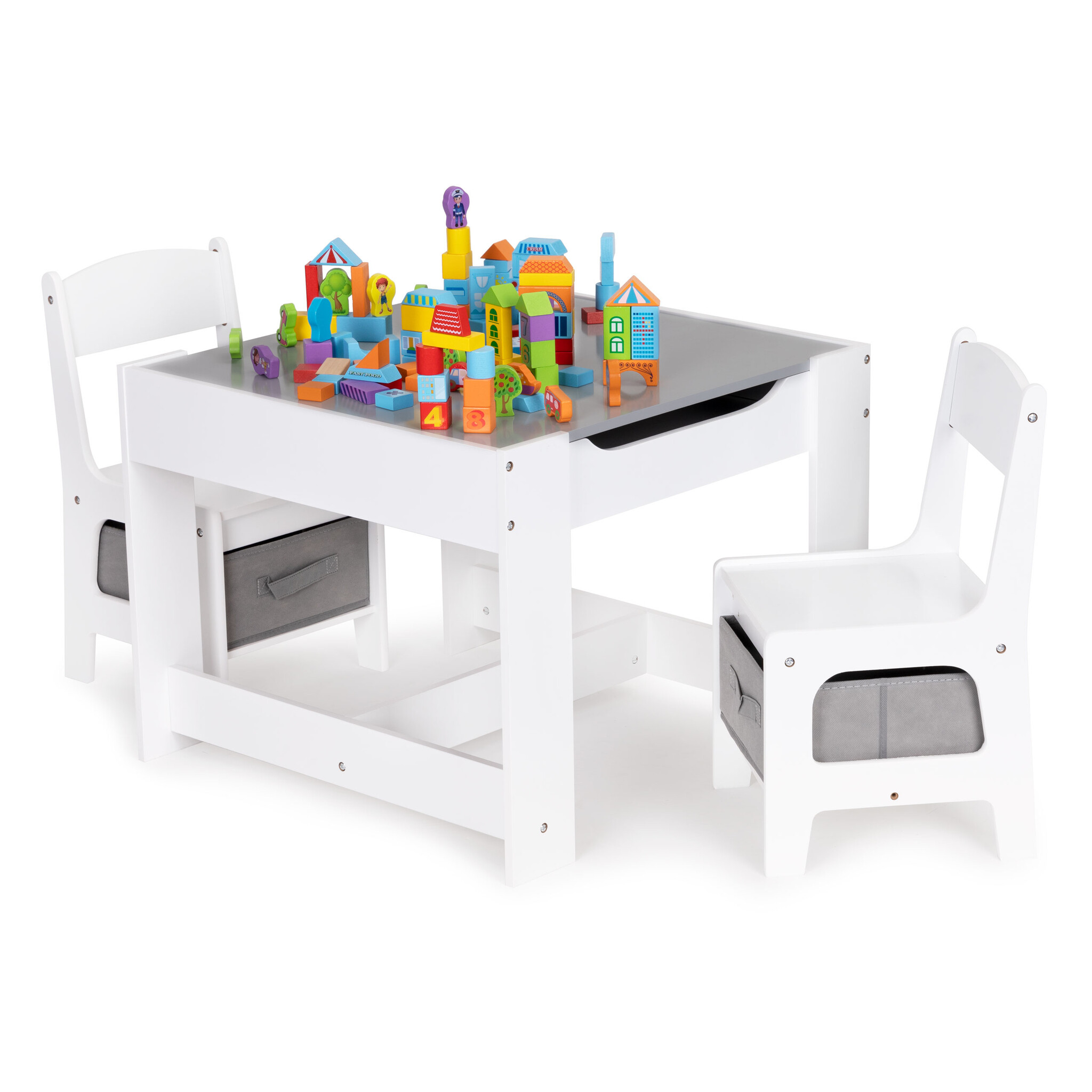 Kindertafel en stoeltjes - 61,5x61,5x48,2cm - MDF - wit grijs