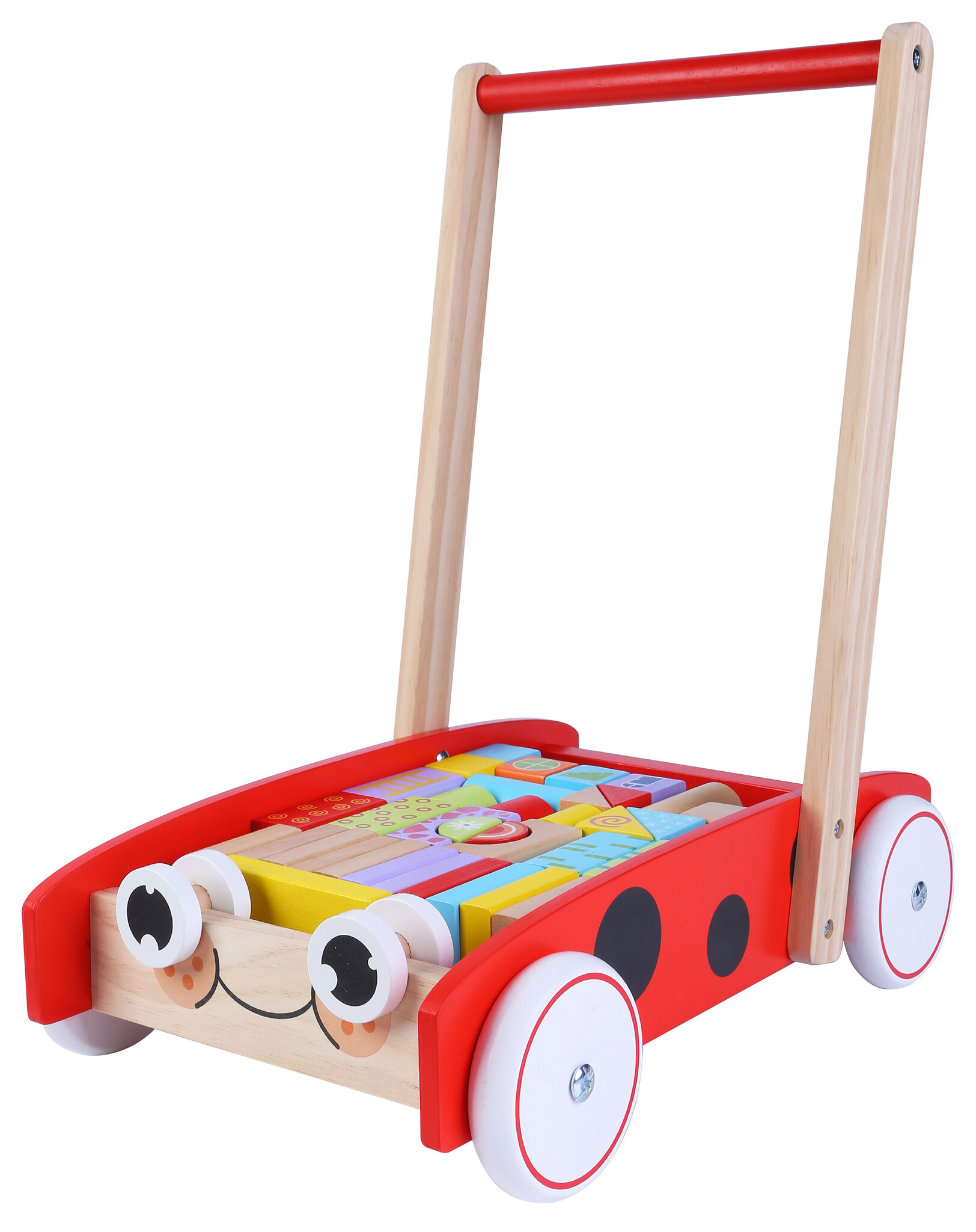Blokkenkar - 39x26x45,5 cm - met 40 blokken - hout - rood
