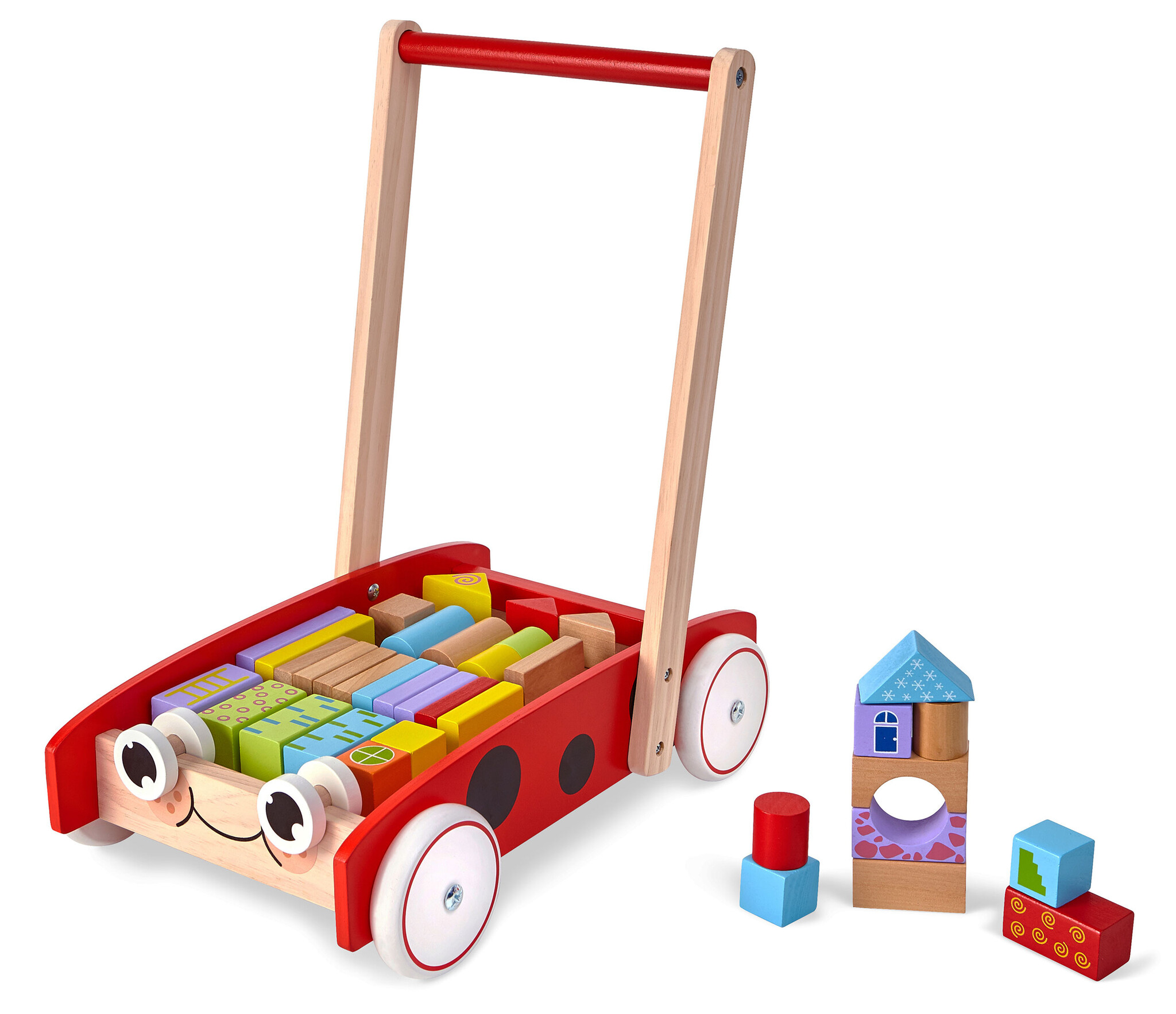 Blokkenkar - 39x26x45,5 cm - met 40 blokken - hout - rood