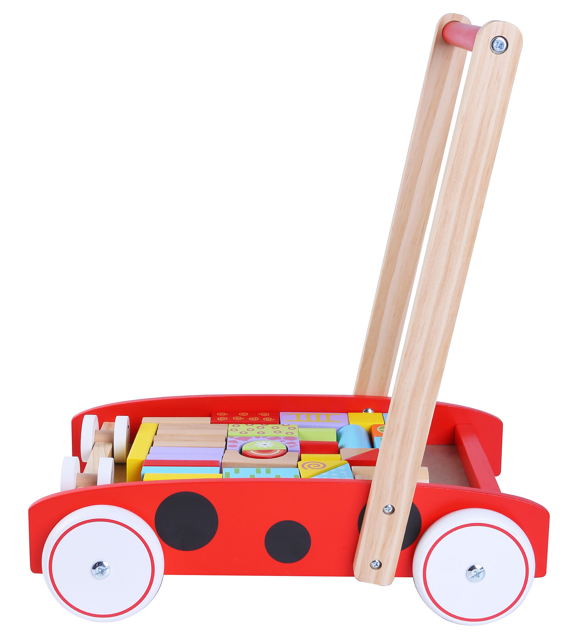 Blokkenkar - 39x26x45,5 cm - met 40 blokken - hout - rood