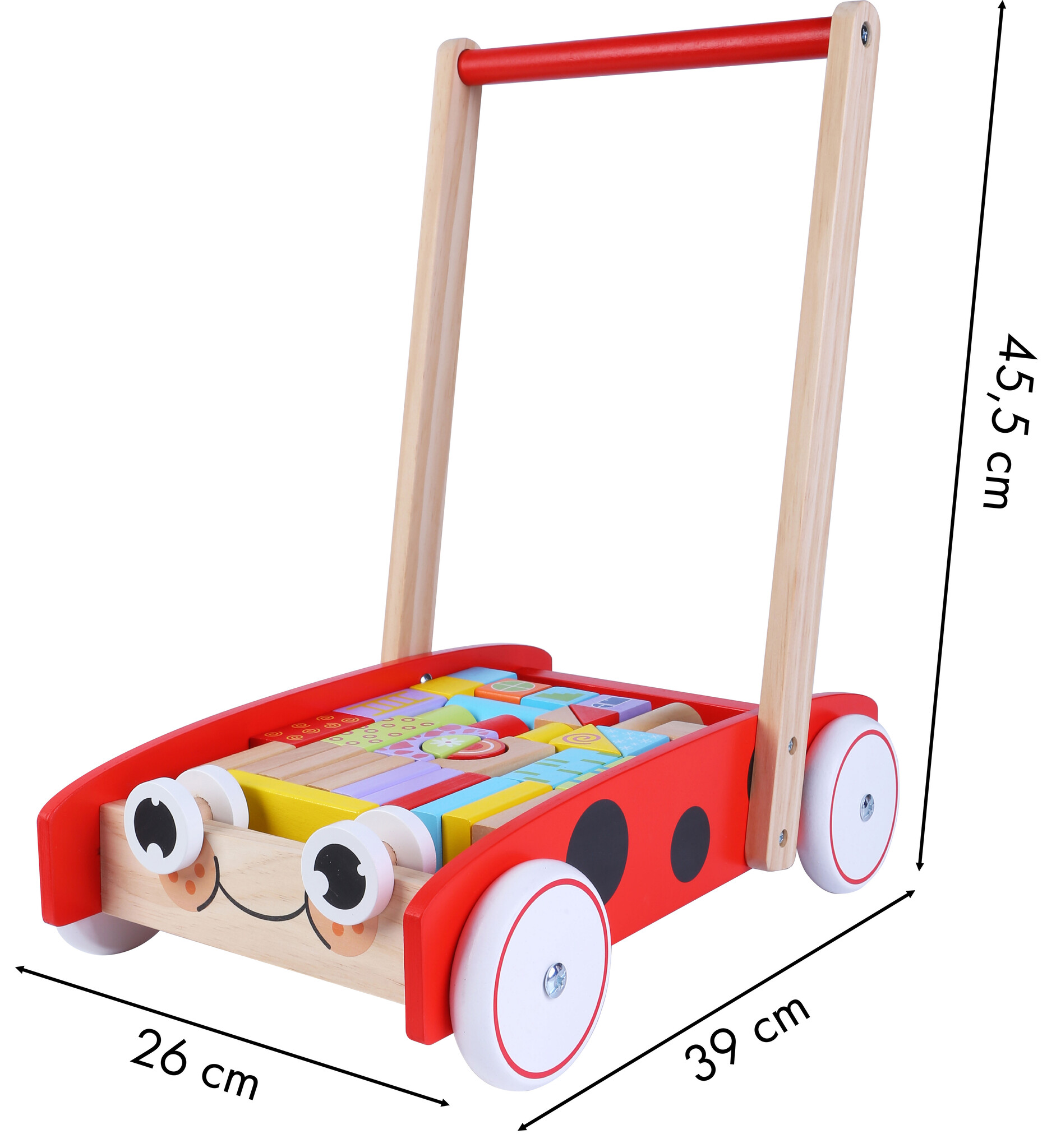 Blokkenkar - 39x26x45,5 cm - met 40 blokken - hout - rood