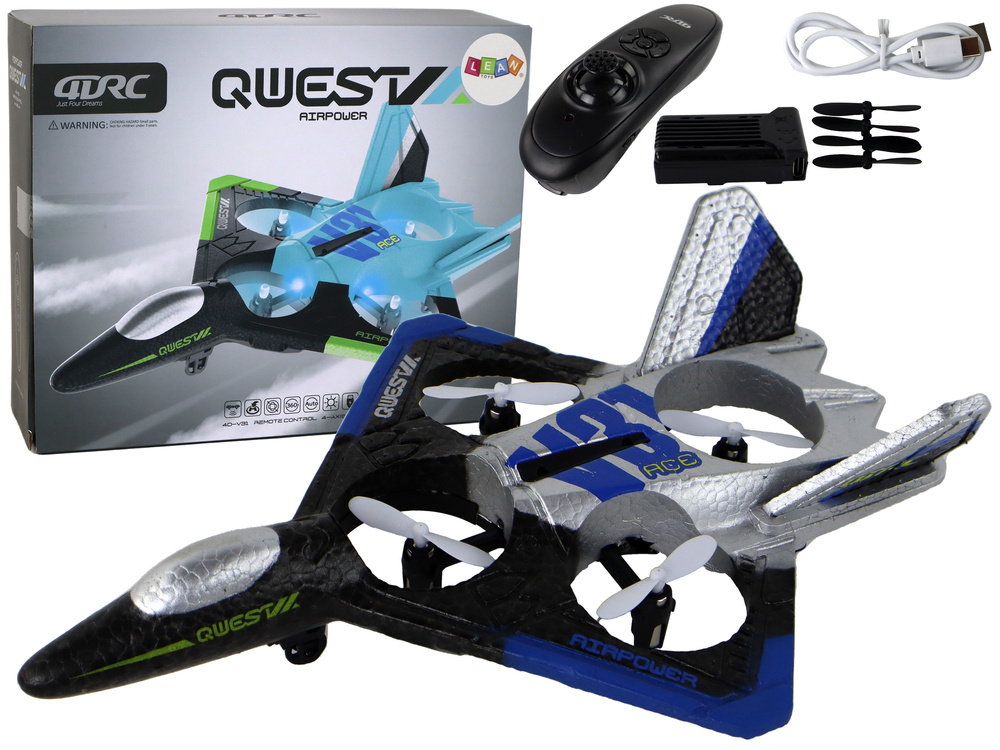 RC vliegtuig - 24x6x18 cm - met kleurrijke lichten - zilverblauw