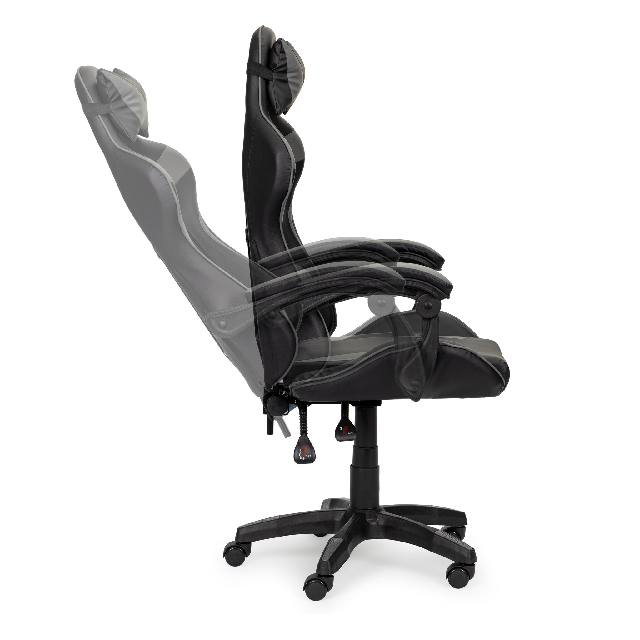 Gamestoel - 63x78x116,5-126,5cm - met hoofdkussen - zwart-grijs