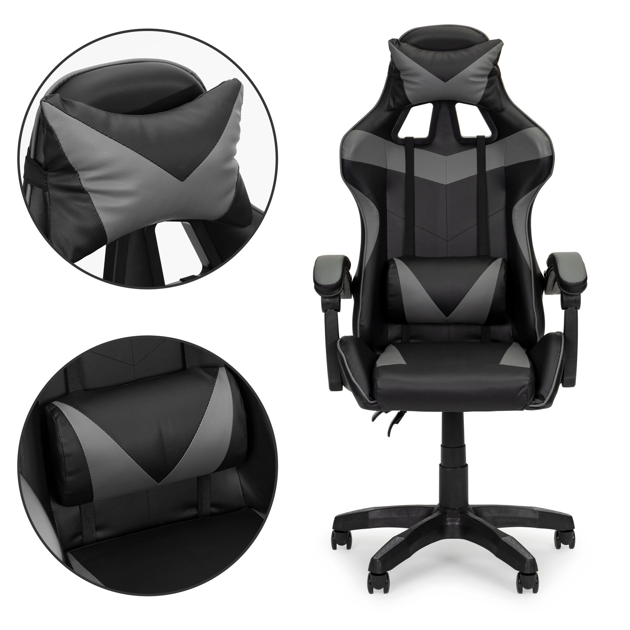 Gamestoel - 63x78x116,5-126,5cm - met hoofdkussen - zwart-grijs