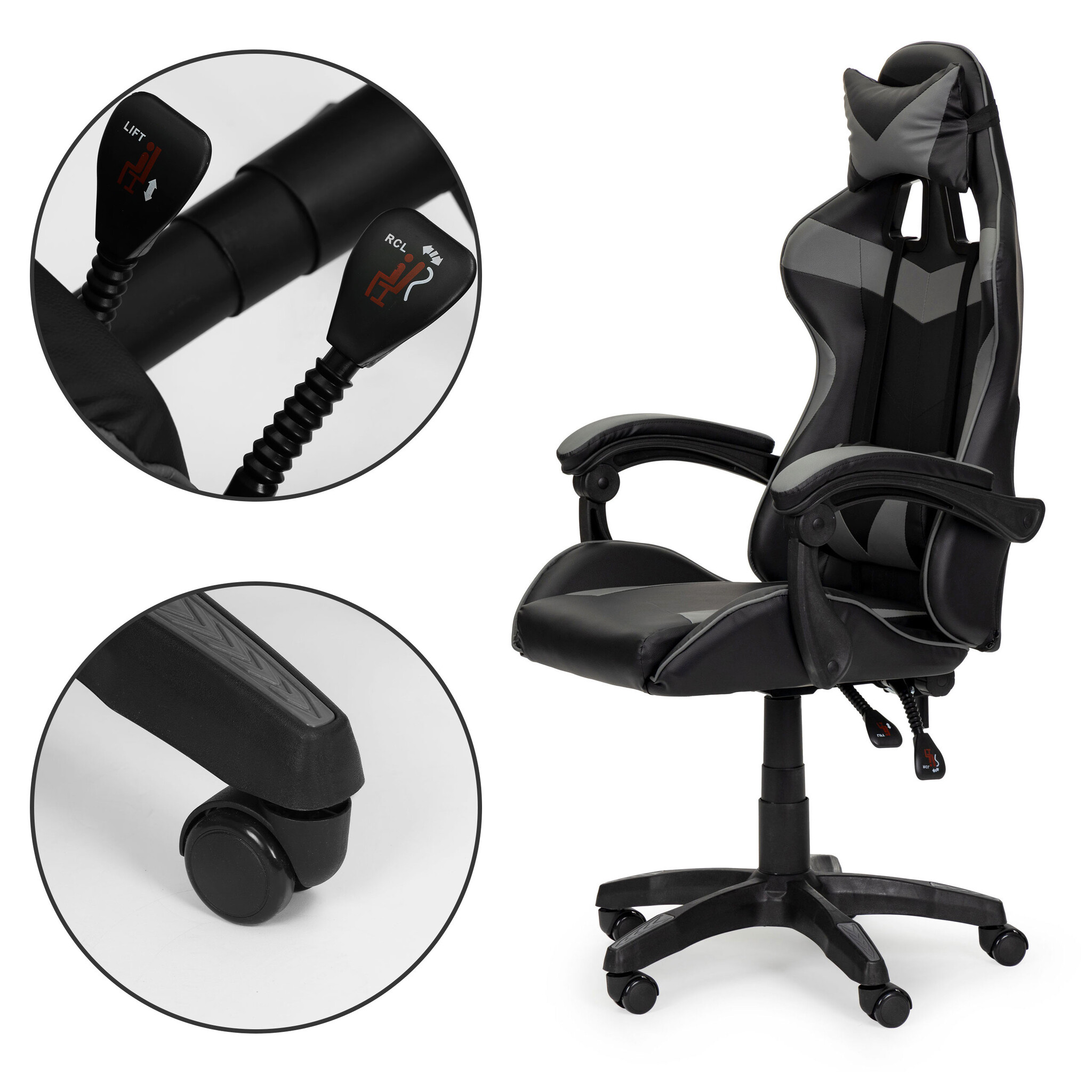 Gamestoel - 63x78x116,5-126,5cm - met hoofdkussen - zwart-grijs