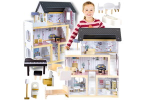 Poppenhuis - hout - 78x62x27cm - 17 meubels - pastelkleur