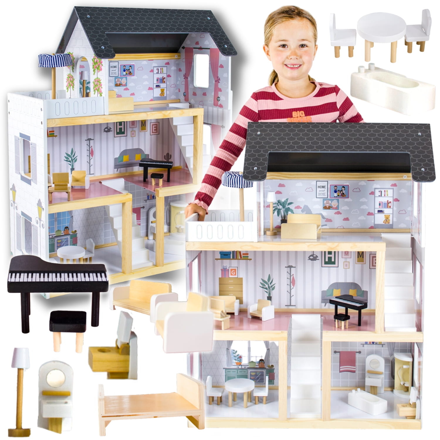 Poppenhuis - hout - 78x62x27cm - 17 meubels - pastelkleur