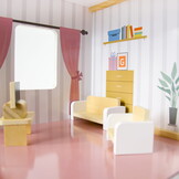 Poppenhuis - hout - 78x62x27cm - 17 meubels - pastelkleur