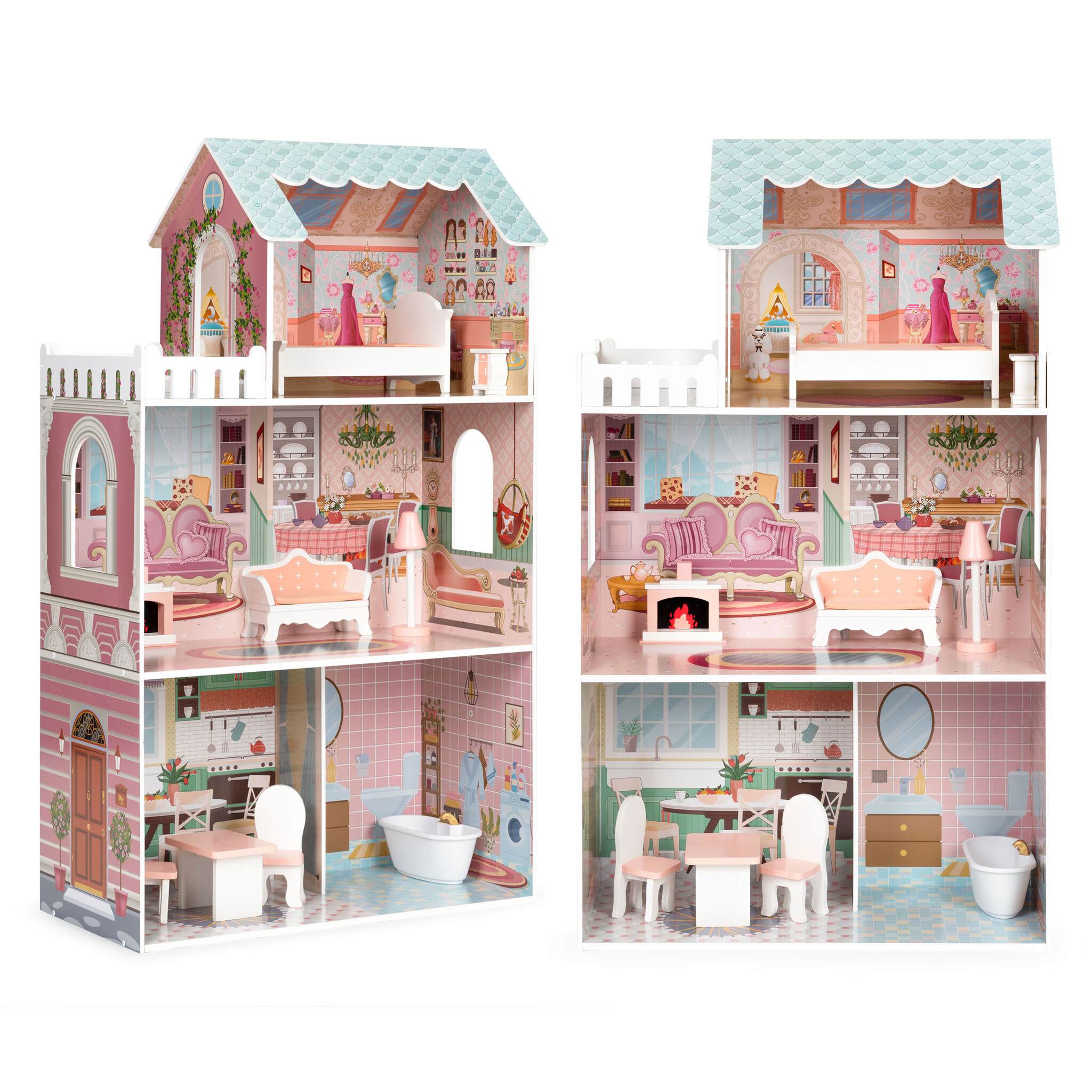 Poppenhuis - 61x30x106 cm - hout - met meubels