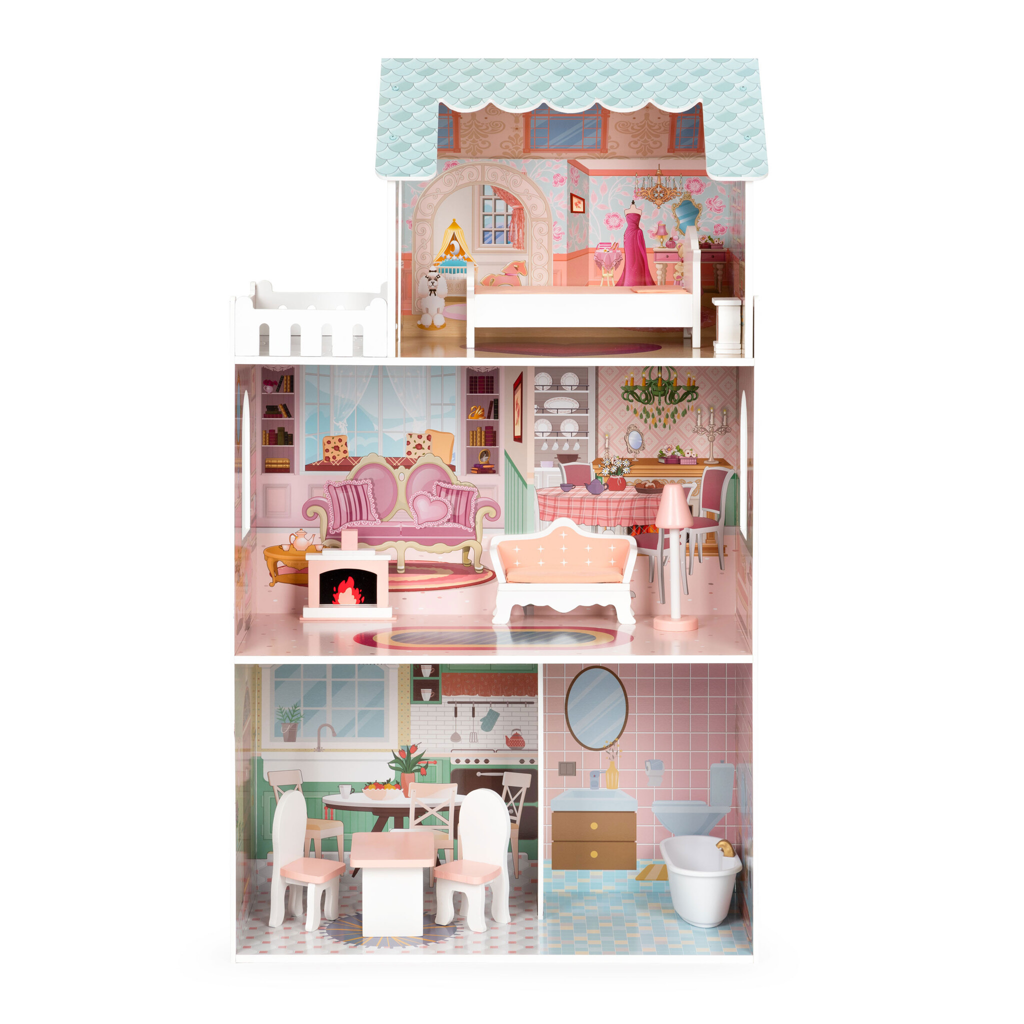 Poppenhuis - 61x30x106 cm - hout - met meubels