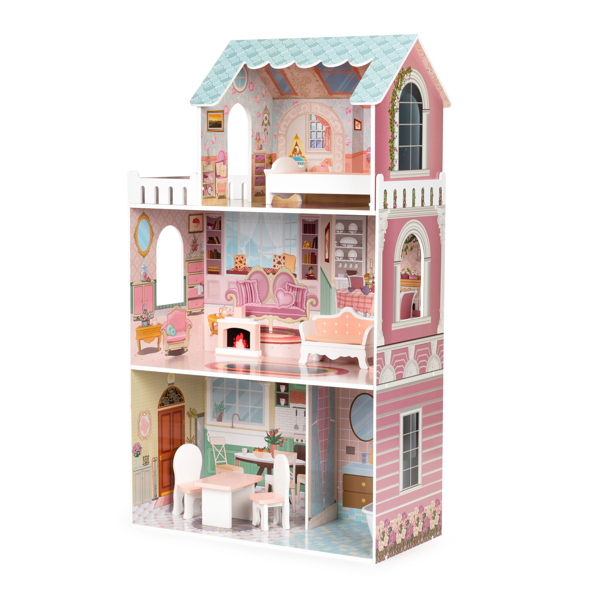 Poppenhuis - 61x30x106 cm - hout - met meubels