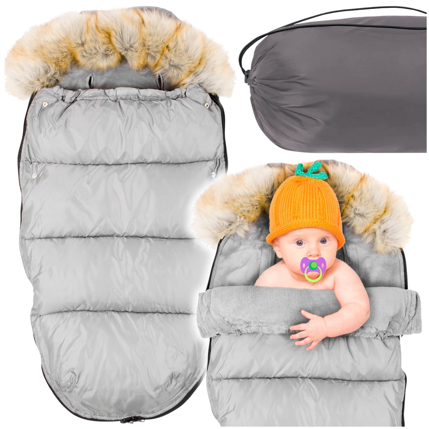 Grijze voetenzak kinderwagen - bont - tas - hoes - 90x45 cm